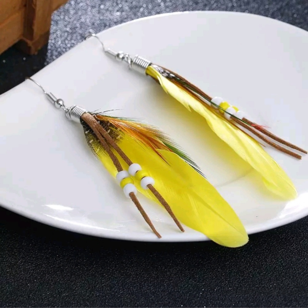 BOHO Yellow Feather and Beaded Festival Earrings